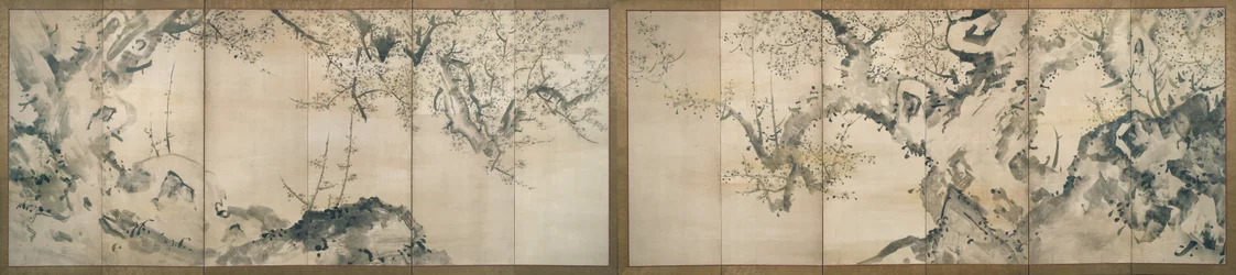 Blühende Pflaumenbäume im Nebel